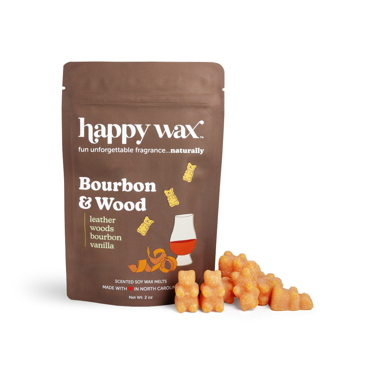 Brown pouch of Happy Wax Bourbon & Wood scented soy wax melts with orange bear-shaped wax pieces displayed in front.
