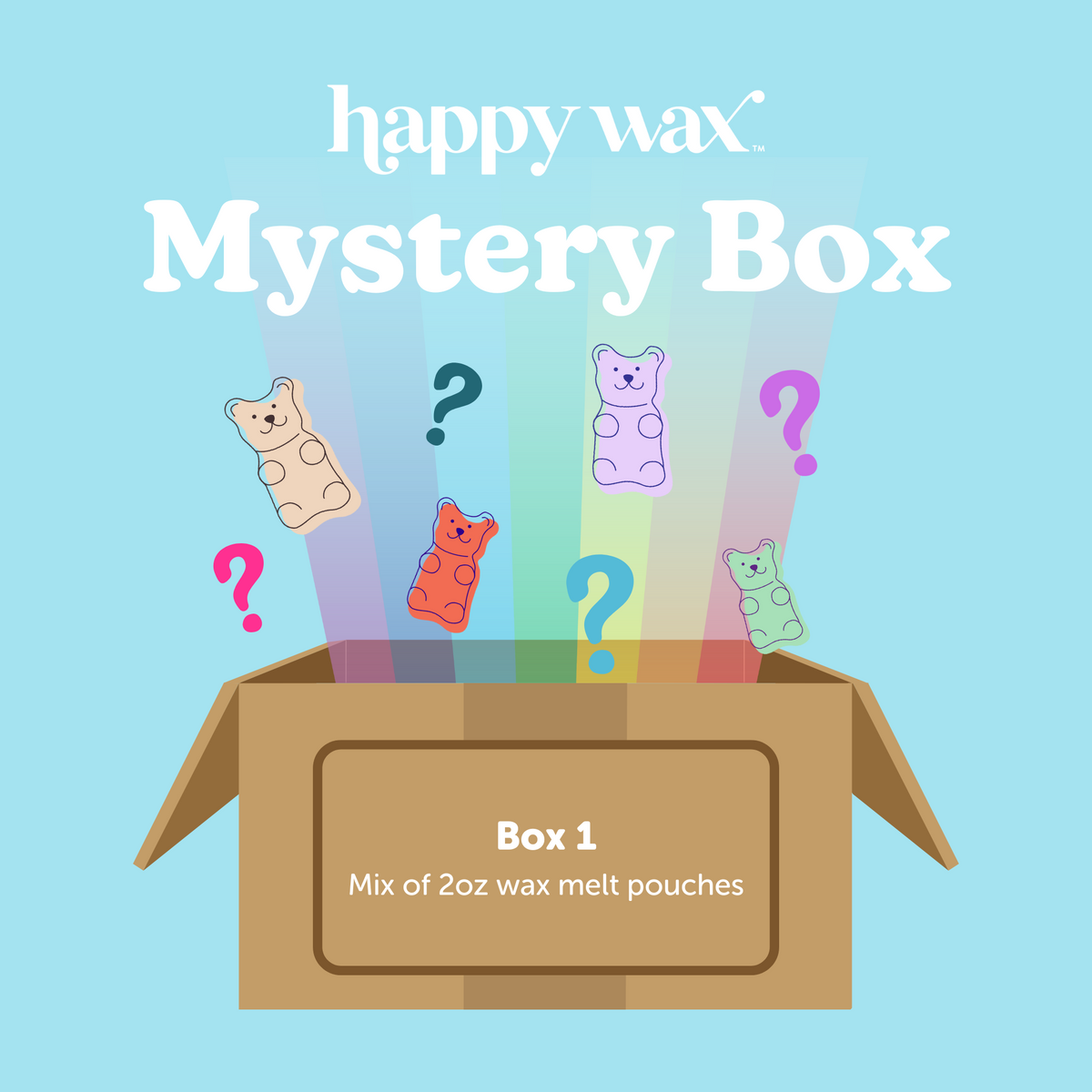 Cardboard box with colorful wax melts shaped like bears emerging above, with question marks indicating unknown contents.