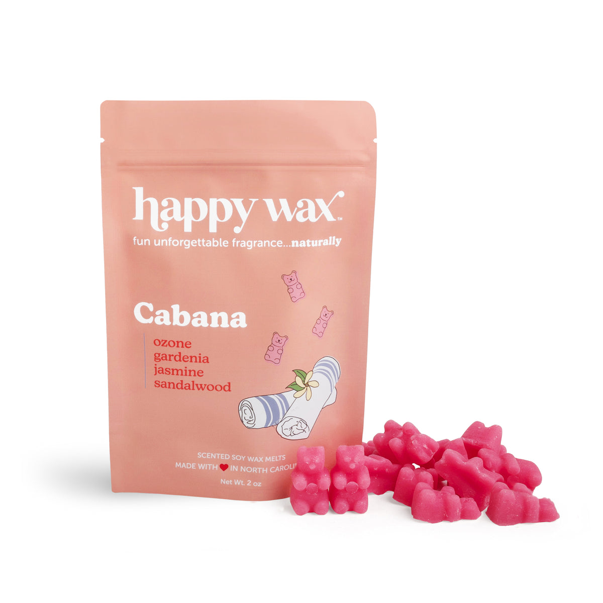 Pink pouch of Happy Wax Cabana scented soy wax melts with pink wax chunks displayed beside it.