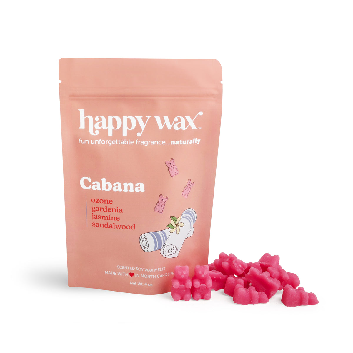 Pink pouch of Happy Wax Cabana scented soy wax melts with pink wax melts scattered in front.