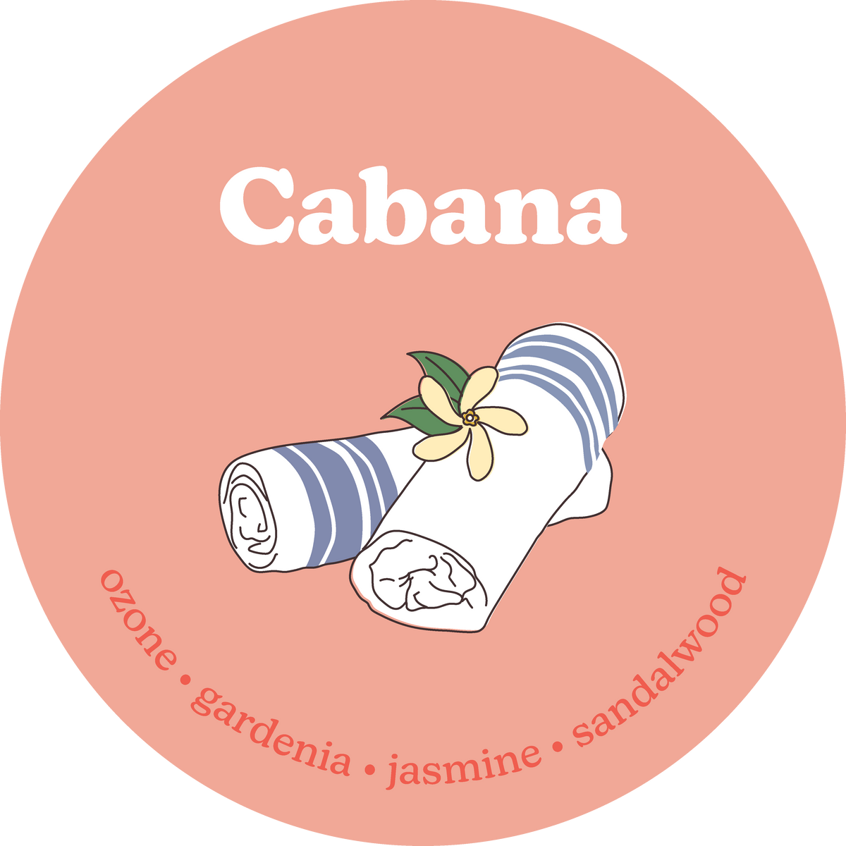 Peach-colored circular label for Cabana wax melts with illustrated rolled towel, flower, and text listing ozone, gardenia, ja