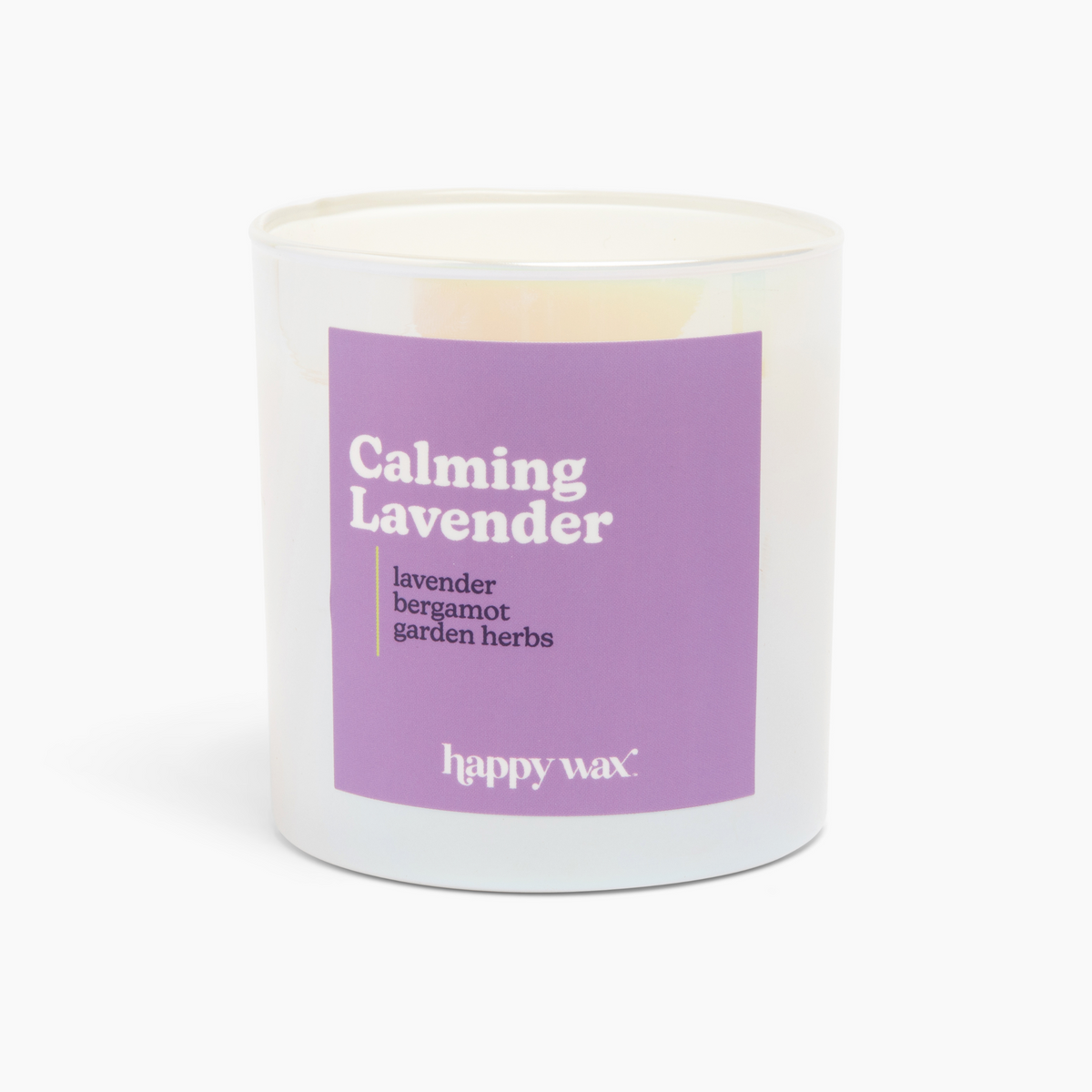 White cylindrical candle with purple label reading "Calming Lavender" and ingredient list, single wick visible at top.