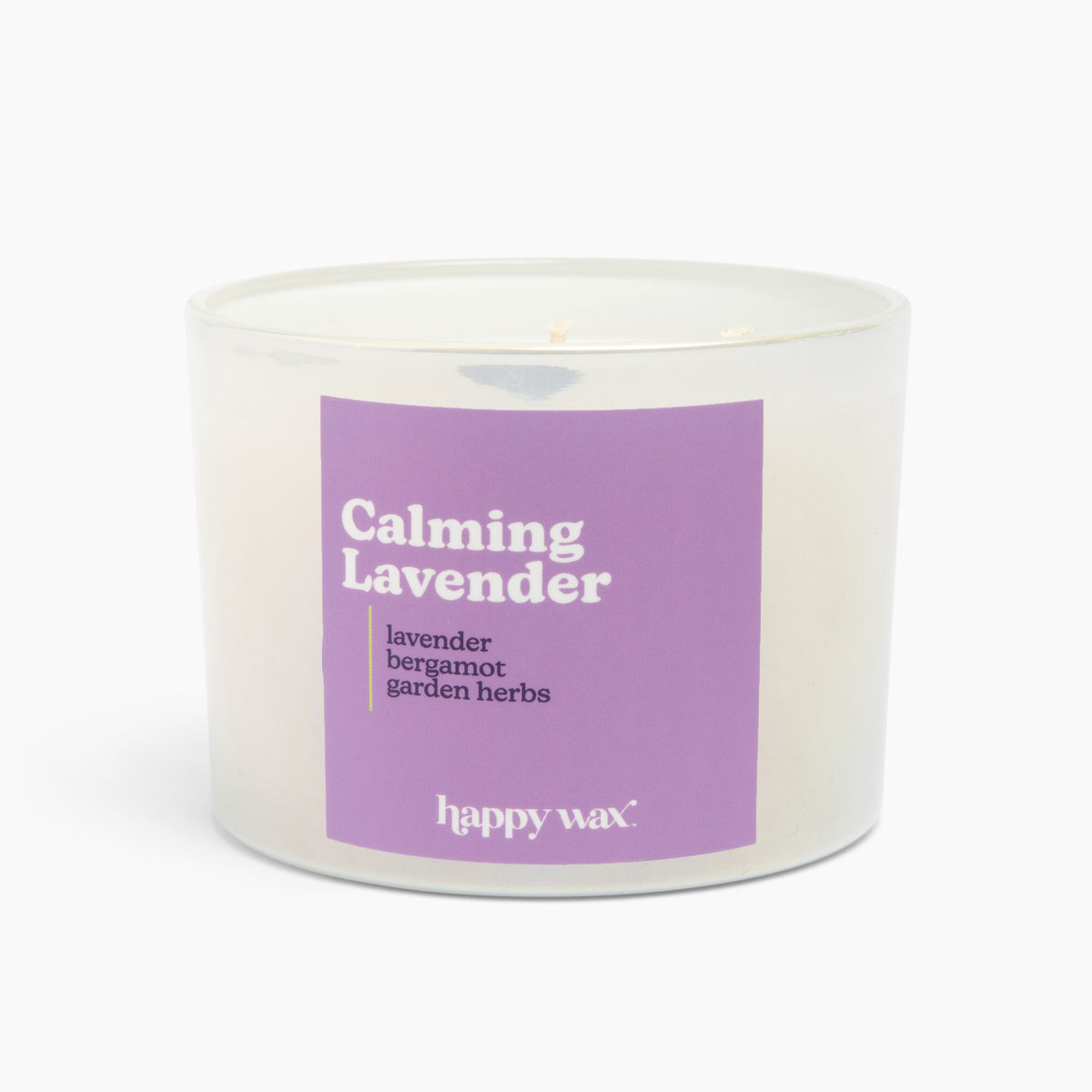 Clear glass three-wick candle with cream-colored wax and purple label reading "Calming Lavender" by happy wax.