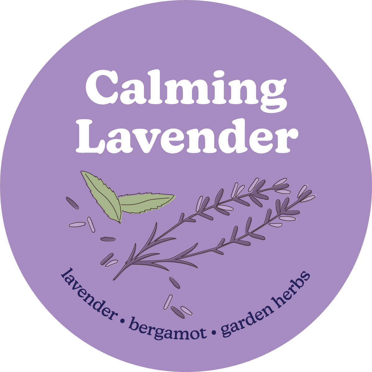 Purple circular label with white text reading "Calming Lavender" and illustrated lavender sprigs and green leaf.