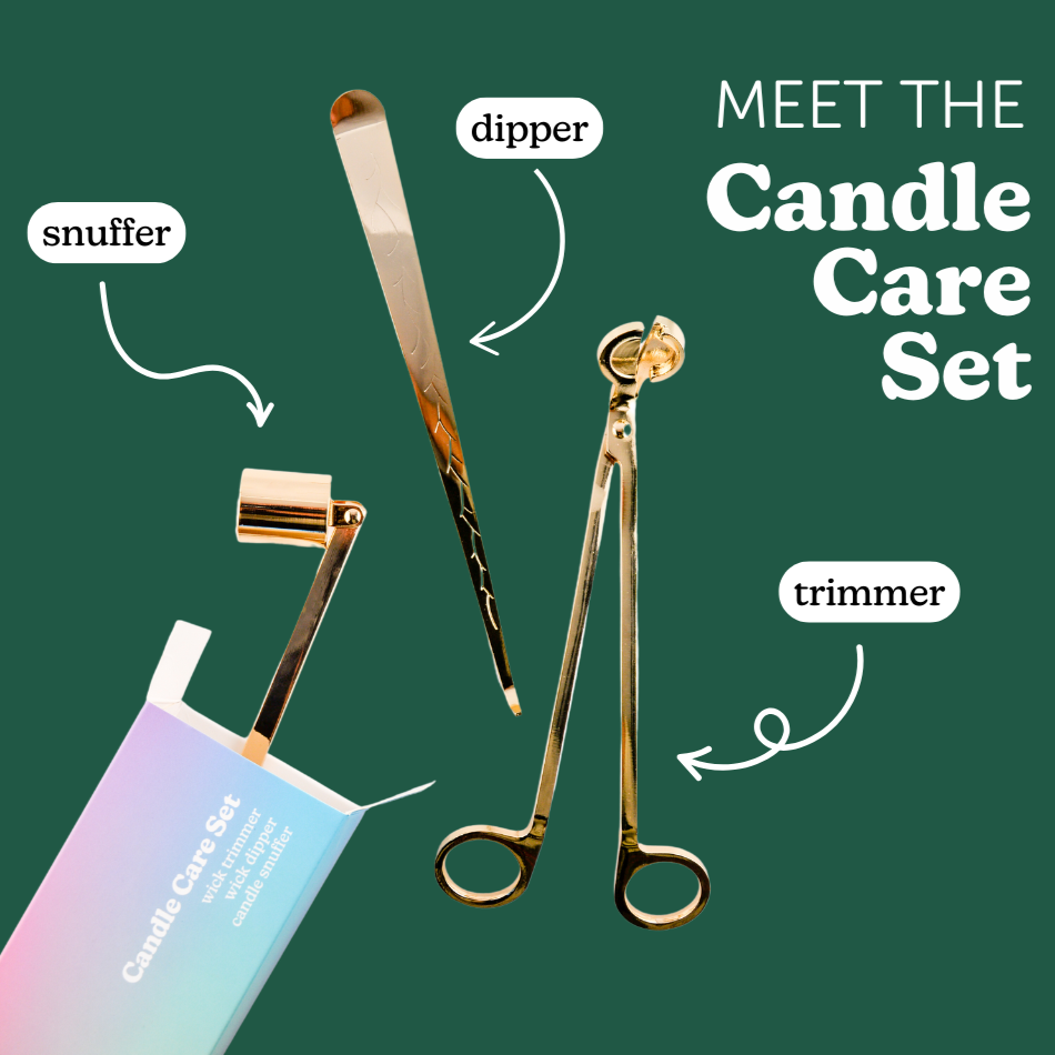 Four-piece candle care set with snuffer, dipper, and two gold trimmer tools on green background with labeled packaging.