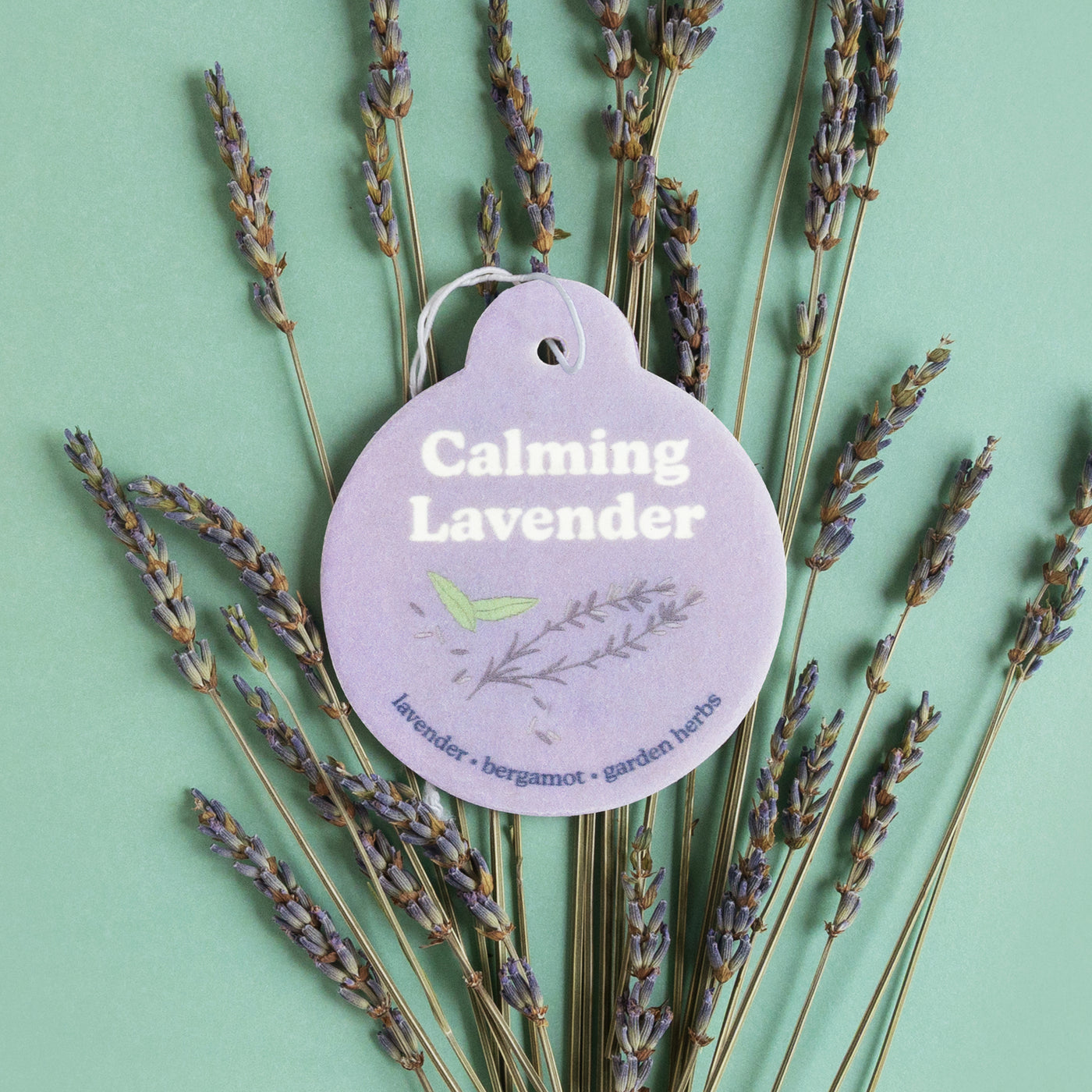 Lavender-colored car charm with text and floral design, displayed among dried lavender sprigs on mint green background.