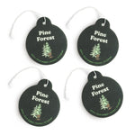 Four dark green round car charms with white string loops, each printed with "Pine Forest" text and a pine tree illustration.