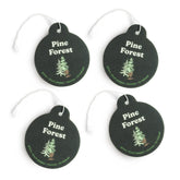 Four dark green round car charms with white string loops, each printed with "Pine Forest" text and a pine tree illustration.