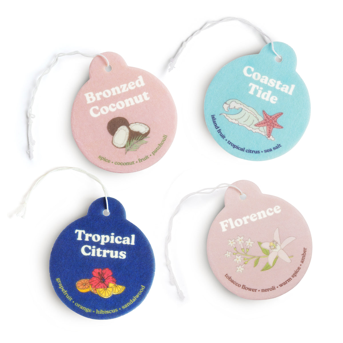 Four circular car charms with string attachments: pink "Bronzed Coconut" with coconut illustration, turquoise "Coastal Tide" 