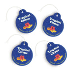 Four blue circular car charms with white strings, each featuring "Tropical Citrus" text and illustrations of citrus fruits an