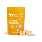 Gold pouch of Happy Wax caramel macchiato scented soy wax melts with cream-colored wax pieces displayed in front.