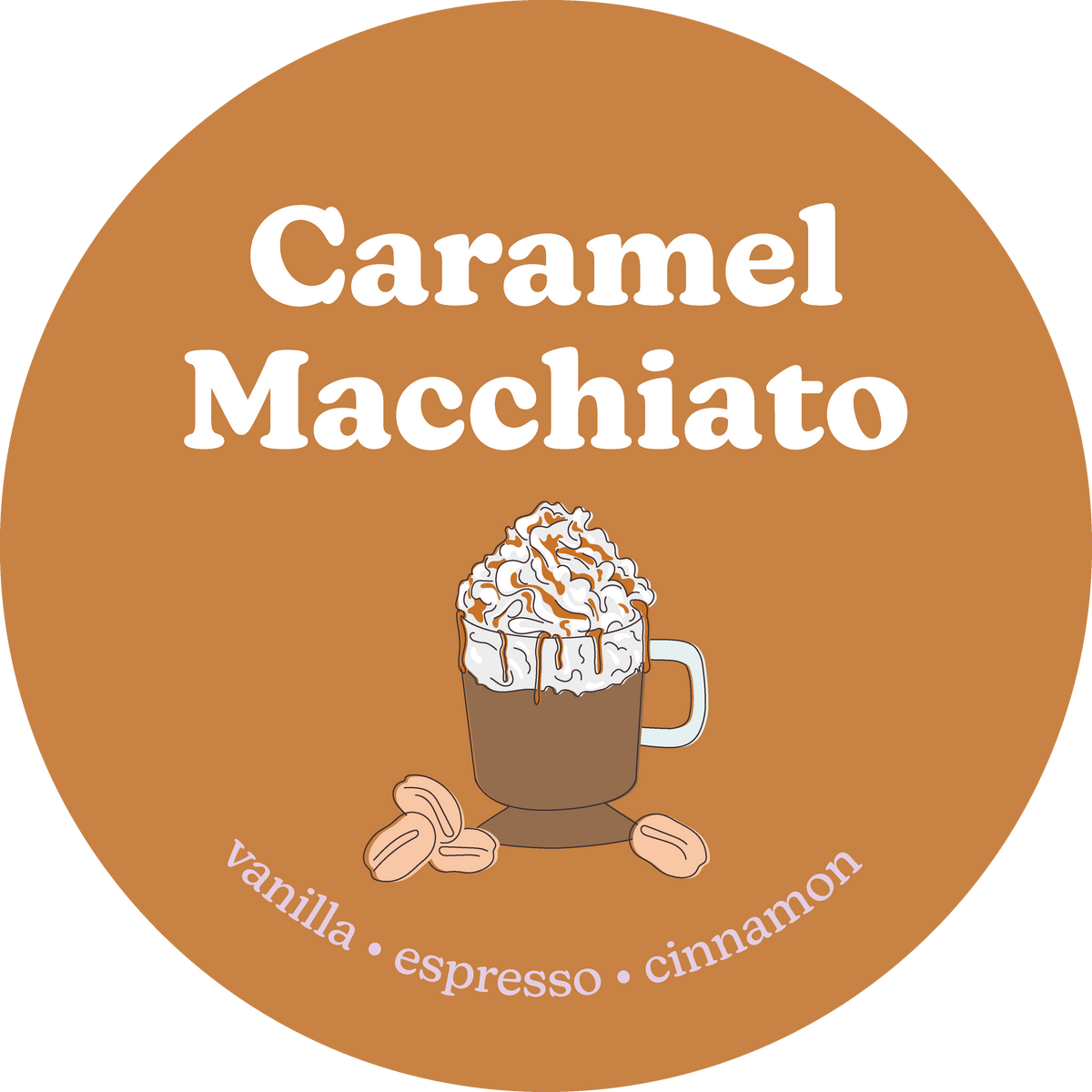 Caramel-colored round label with illustrated coffee cup topped with whipped cream and caramel drizzle, surrounded by peanuts.