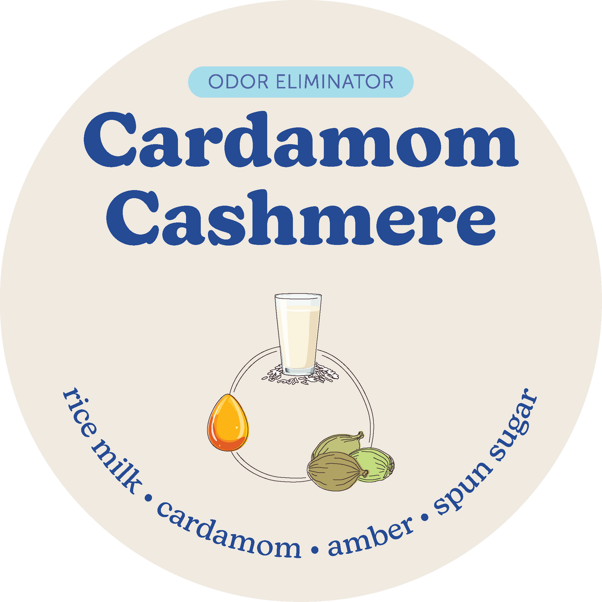 Cream-colored round label with dark blue text reading "Cardamom Cashmere," featuring illustrations of a wax melt burner, ambe