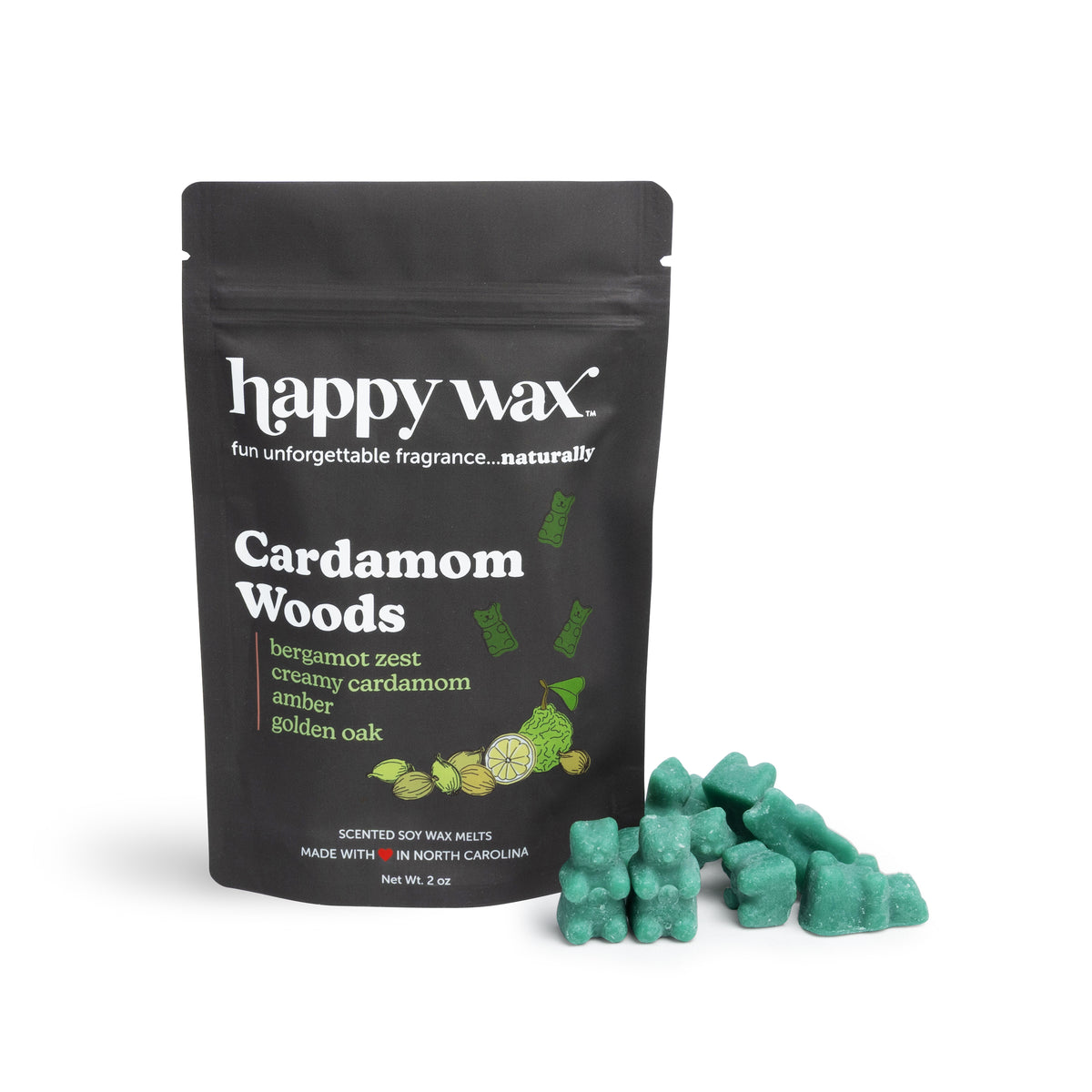 Black pouch of Happy Wax Cardamom Woods scented soy wax melts with green wax melt pieces displayed beside it.