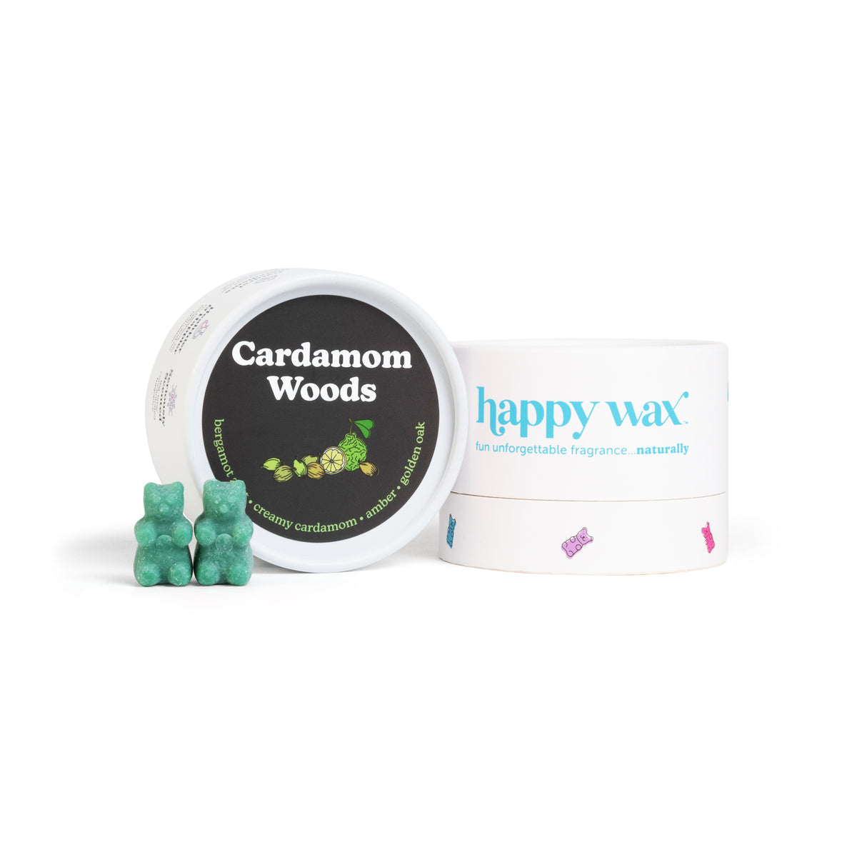 Green wax melts with white container labeled Cardamom Woods and happy wax packaging.