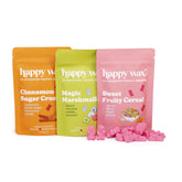 Three Happy Wax cereal-scented wax melts: orange Cinnamon Sugar Crunch, lime Magic Marshmallow, and pink Sweet Fruity Cereal 