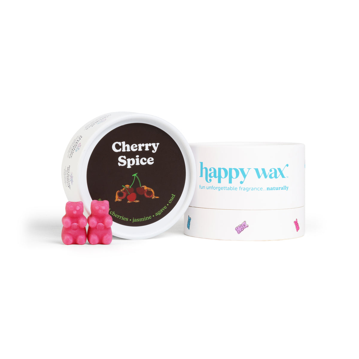 Four pink wax melts next to open Cherry Spice container and happy wax branded box.