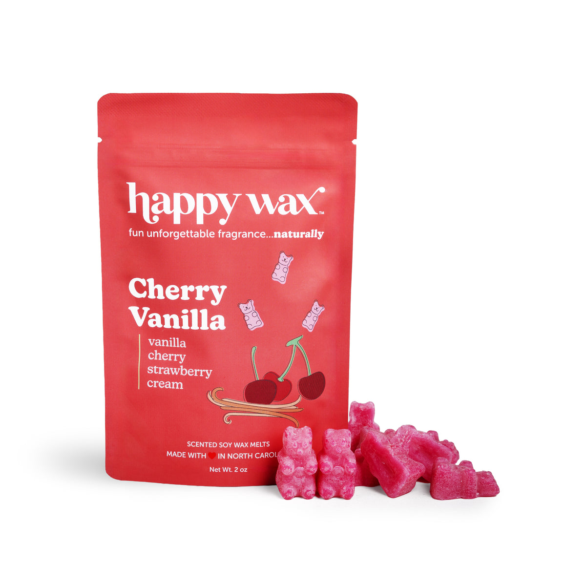 Red Happy Wax pouch with Cherry Vanilla scent next to pink wax melt pieces in bear and irregular shapes.