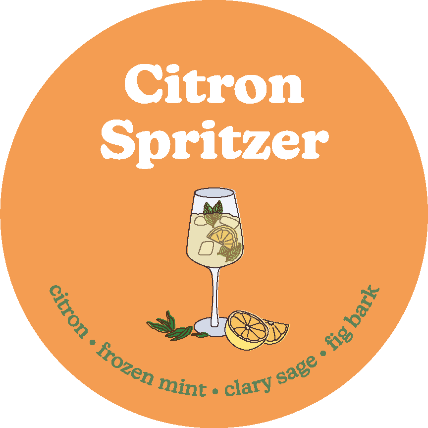 Round orange label with "Citron Spritzer" text, illustrated cocktail glass with citrus, and citron slices on peach background