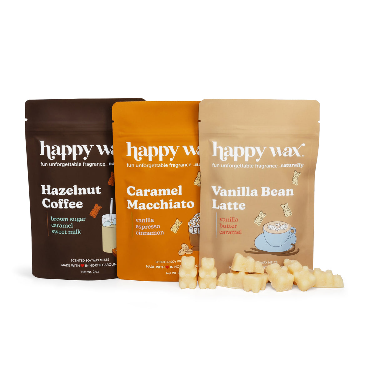 Three Happy Wax scented soy wax melt pouches in brown, orange, and tan with coffee-themed flavors and cream-colored wax melts