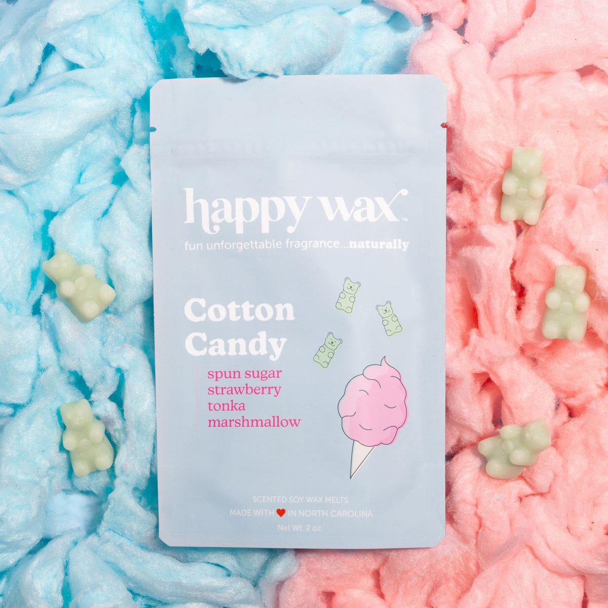 Cotton Candy wax melt pouch on blue and pink cotton candy with wax melt bears