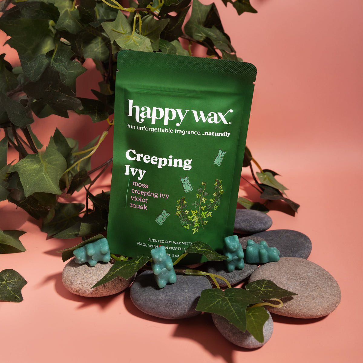 Green pouch of Happy Wax Creeping Ivy scented wax melts surrounded by rocks, ivy leaves, and turquoise wax pieces.