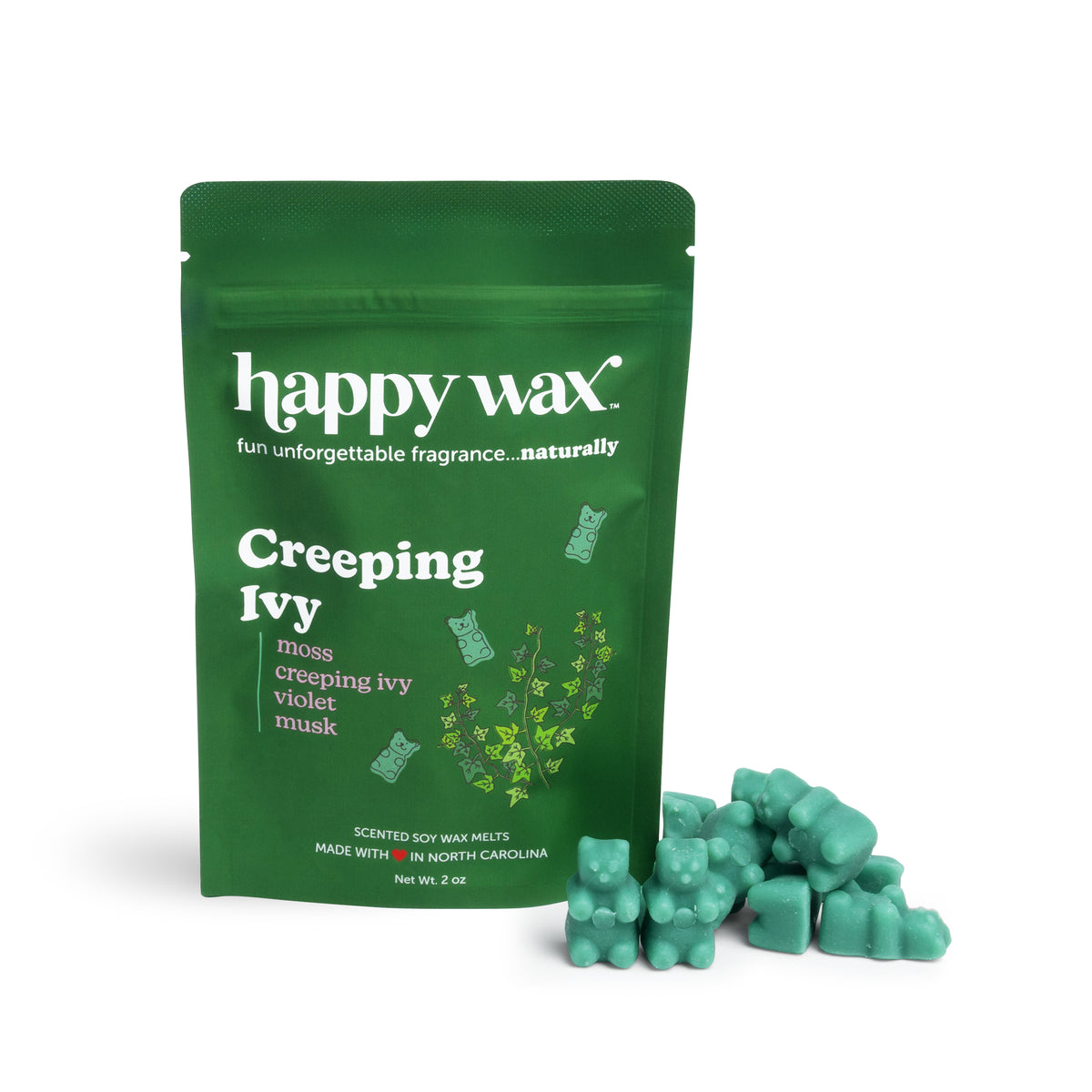 Green pouch of Creeping Ivy wax melts with green scented wax pieces displayed in front.
