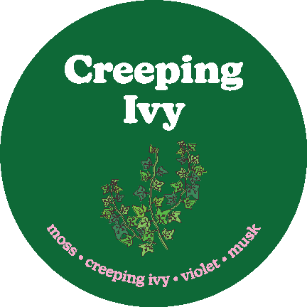Green circular wax melt label with white text reading "Creeping Ivy" and illustrated ivy plant with scent notes listed below.