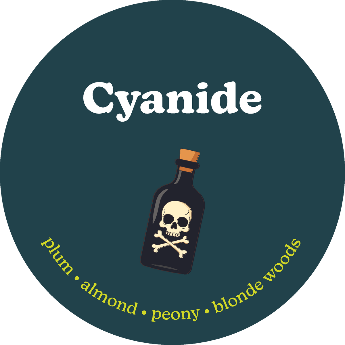 Round teal label for Cyanide wax melts featuring a poison bottle, and scent notes.