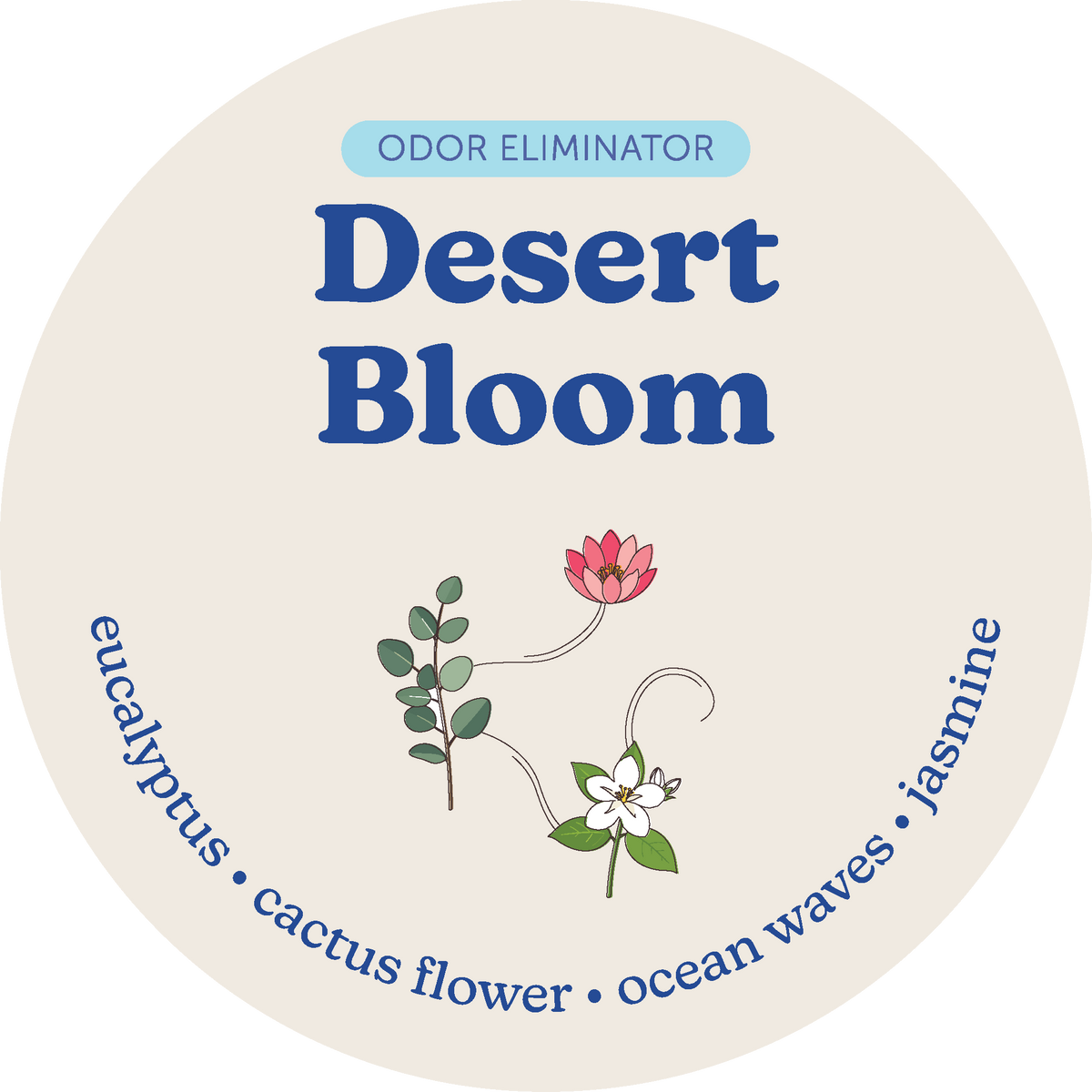Circular label for Desert Bloom odor eliminating wax melts featuring blue text, botanical illustrations, and scent notes of e