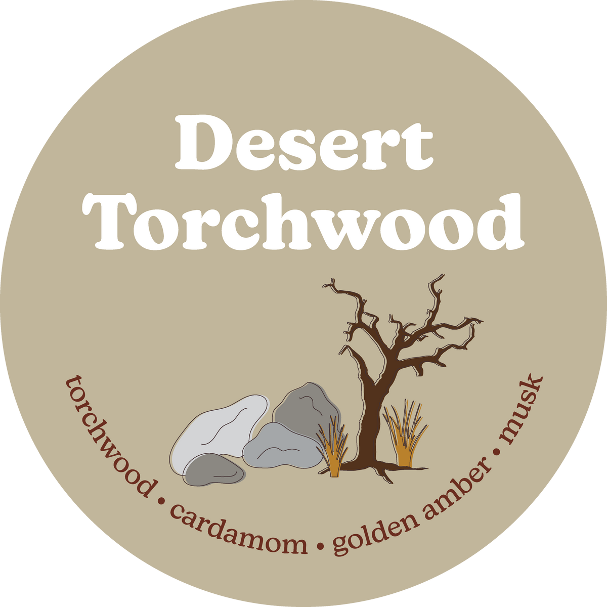 Circular tan label for Desert Torchwood wax melts with desert landscape illustration and scent notes listed.