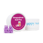Purple bear-shaped wax melts next to a white container with magenta label and white branded jar.