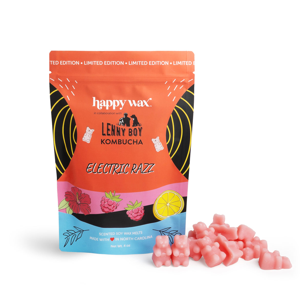 Pink wax melts next to an orange, black, and blue pouch labeled "Electric Razz" by Happy Wax.
