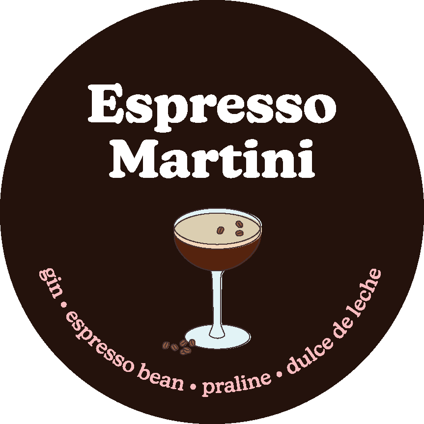 Dark brown circular label with white "Espresso Martini" text, illustrated cocktail glass, and scent notes including espresso 