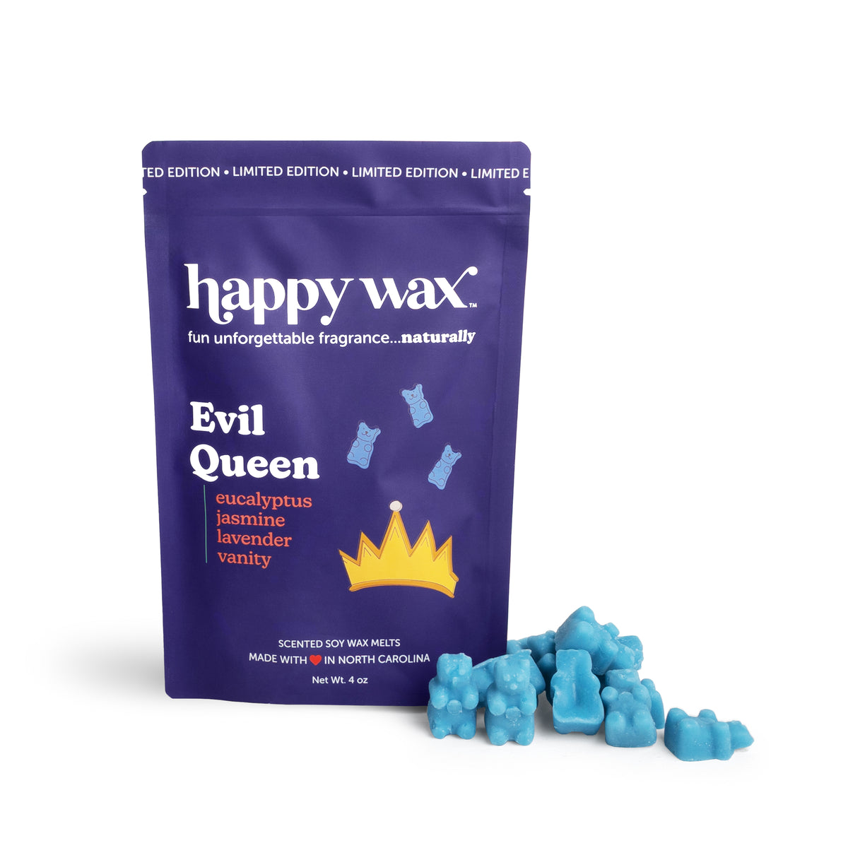 happy wax evil queen pouch with blue wax bears on white background