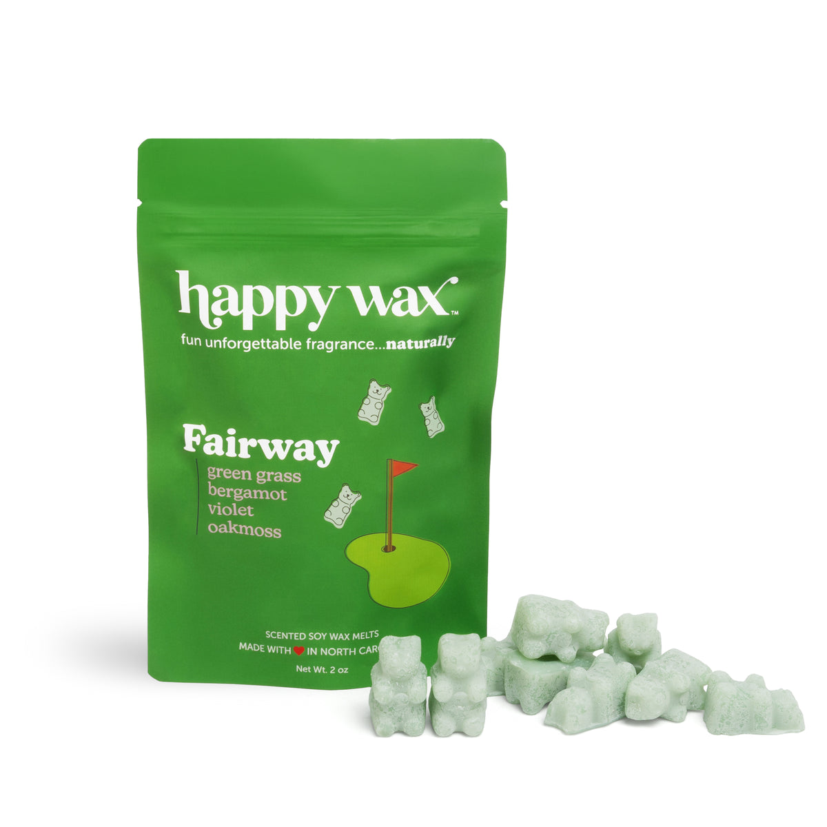 Green Happy Wax pouch labeled Fairway with pale green wax melts scattered in front.