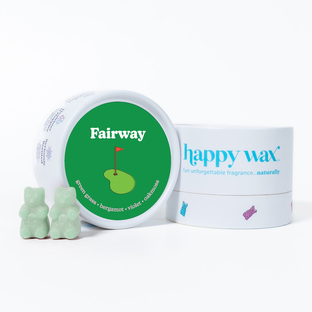 Light green wax melts shaped like bears displayed next to Happy Wax branded containers with green and white packaging.