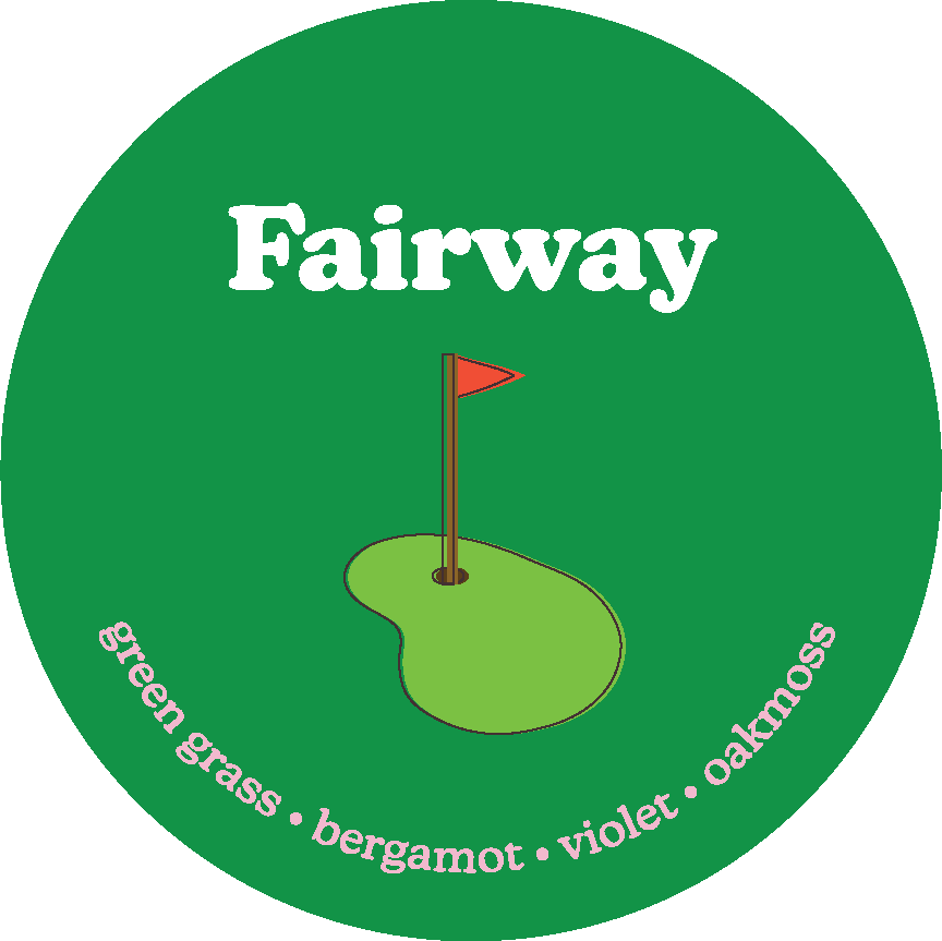 Green circular label with "Fairway" text, golf flag on green, and scent notes listed around the edge.