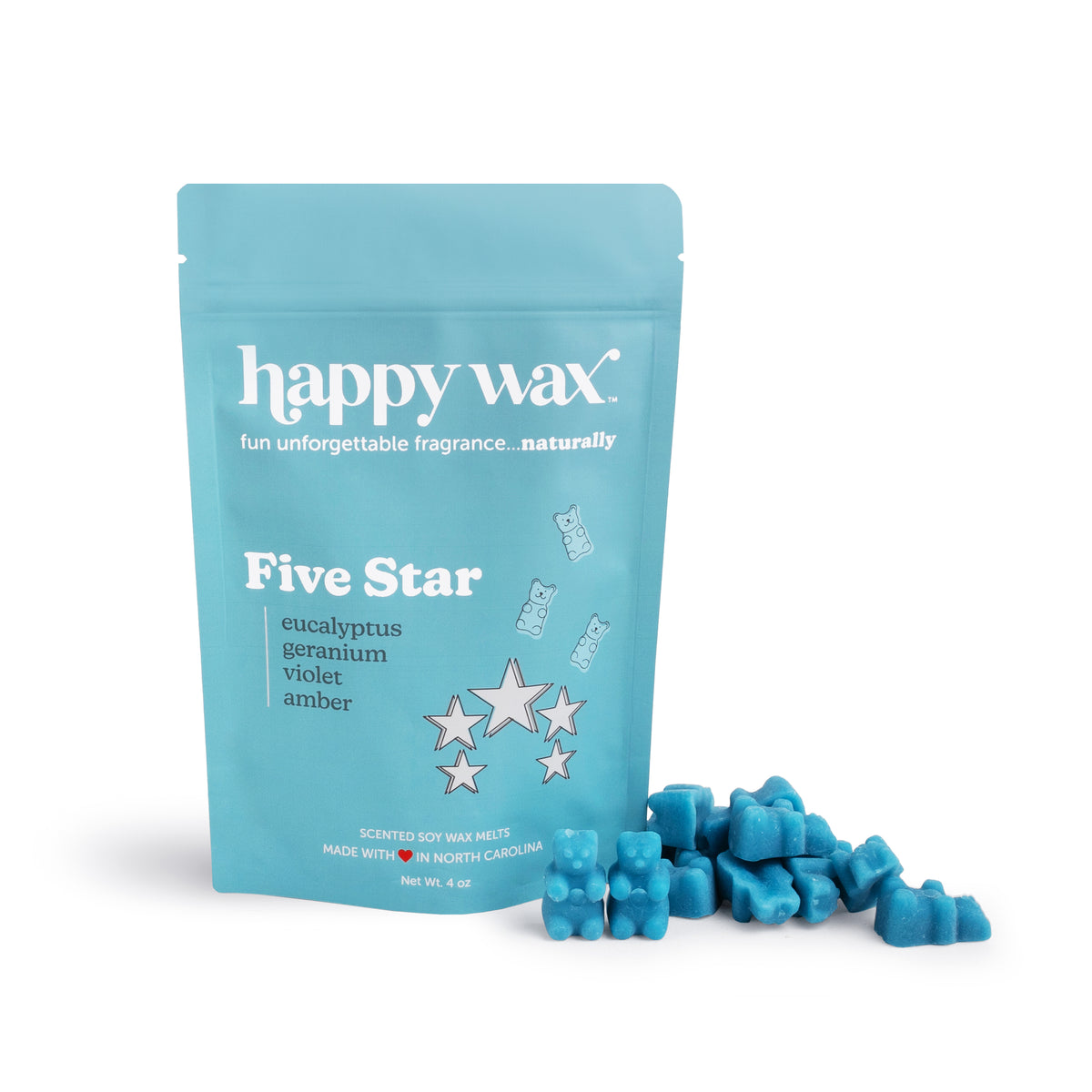 Turquoise pouch of Happy Wax Five Star soy wax melts with blue wax pieces displayed beside it.