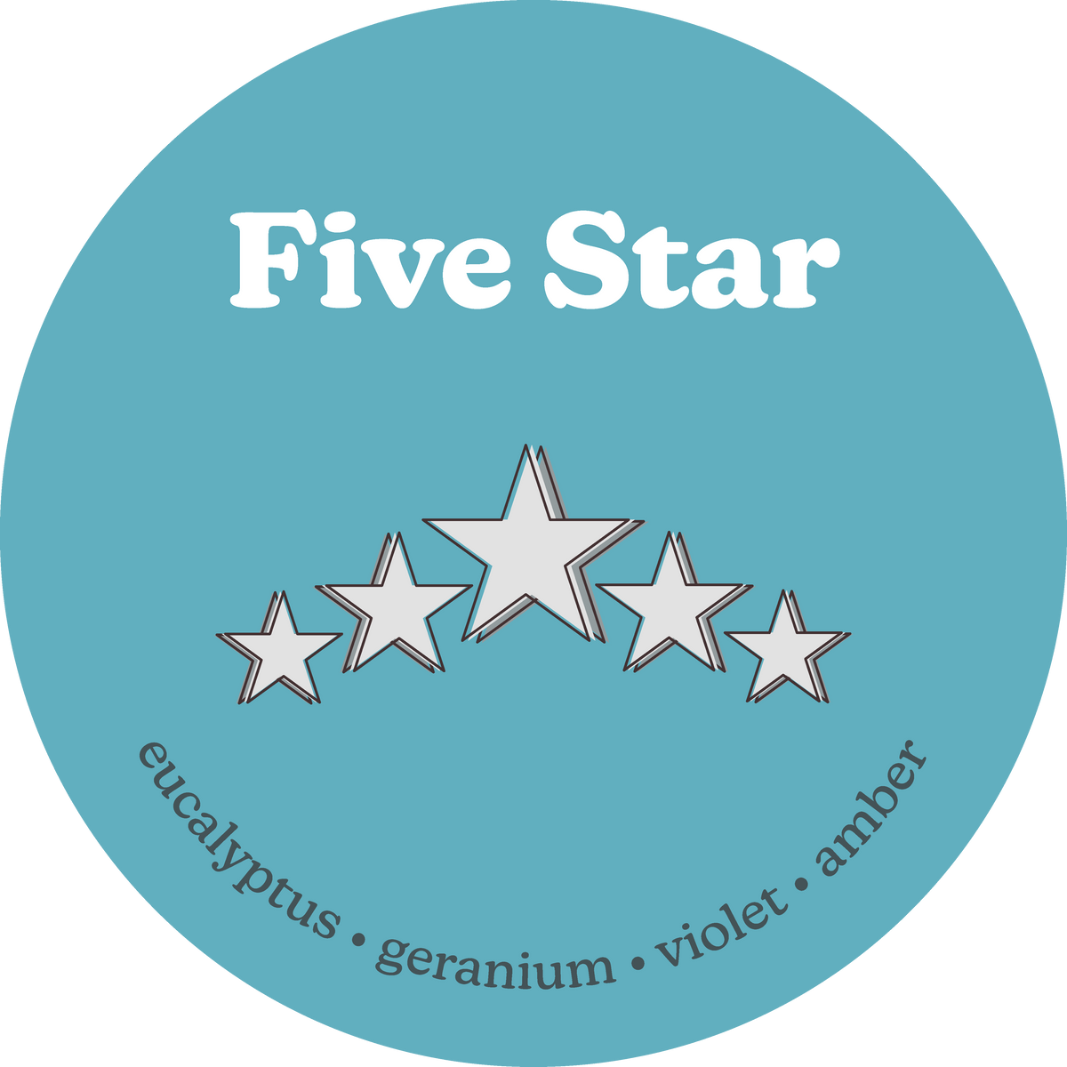 Turquoise circular label with "Five Star" text, five white outlined stars, and scent notes: eucalyptus, geranium, violet, amb