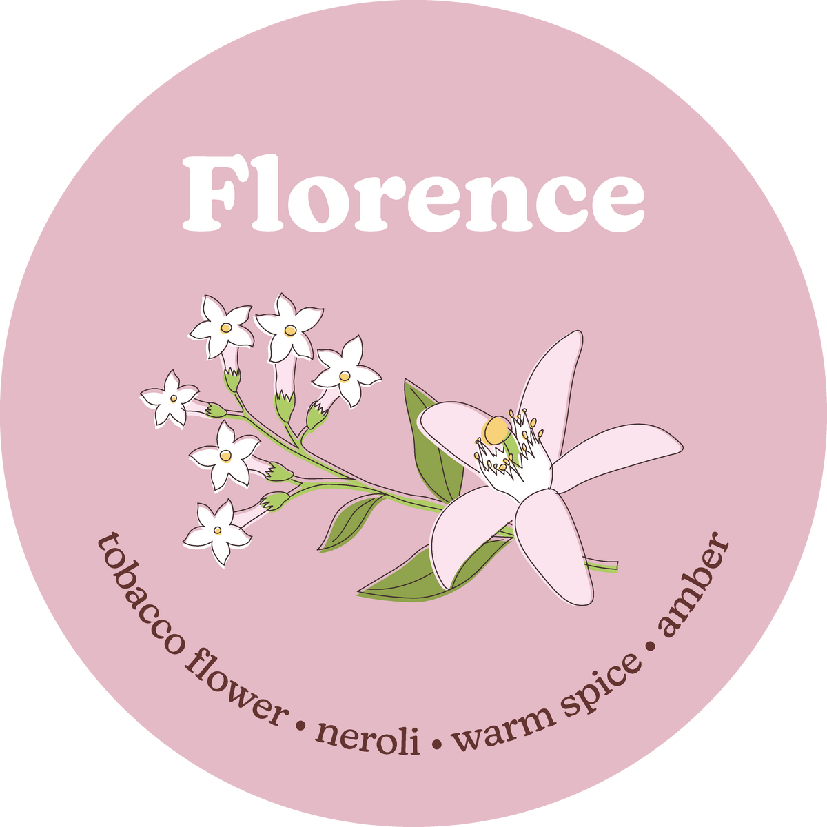 Pink circular wax melt label with white text reading "Florence" and illustrated white flowers with green stems on a mauve bac