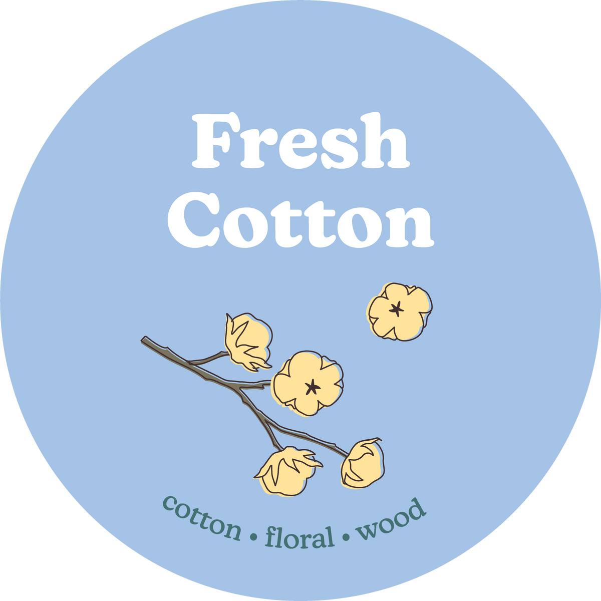 Blue circular label with "Fresh Cotton" text and illustrated cotton flower branch with scent notes listed below.