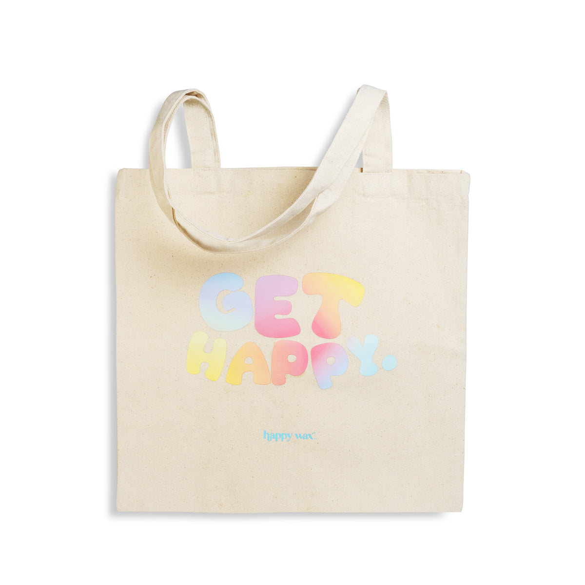 Cream canvas tote bag with "Get Happy" text in gradient pastel colors and "happy wax" branding below.