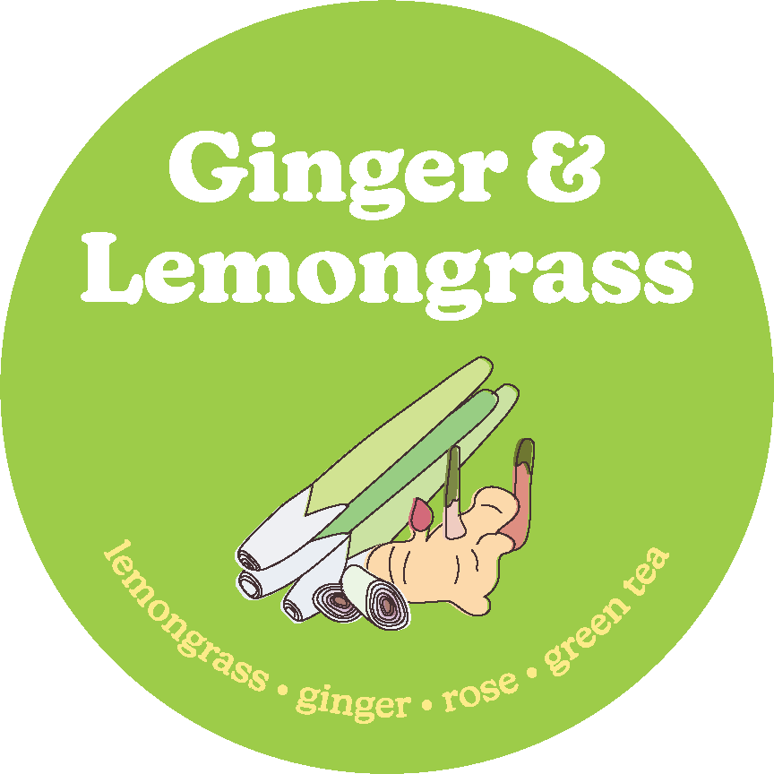 Round green label with white text reading "Ginger & Lemongrass" and illustrated lemongrass stalks and ginger root.
