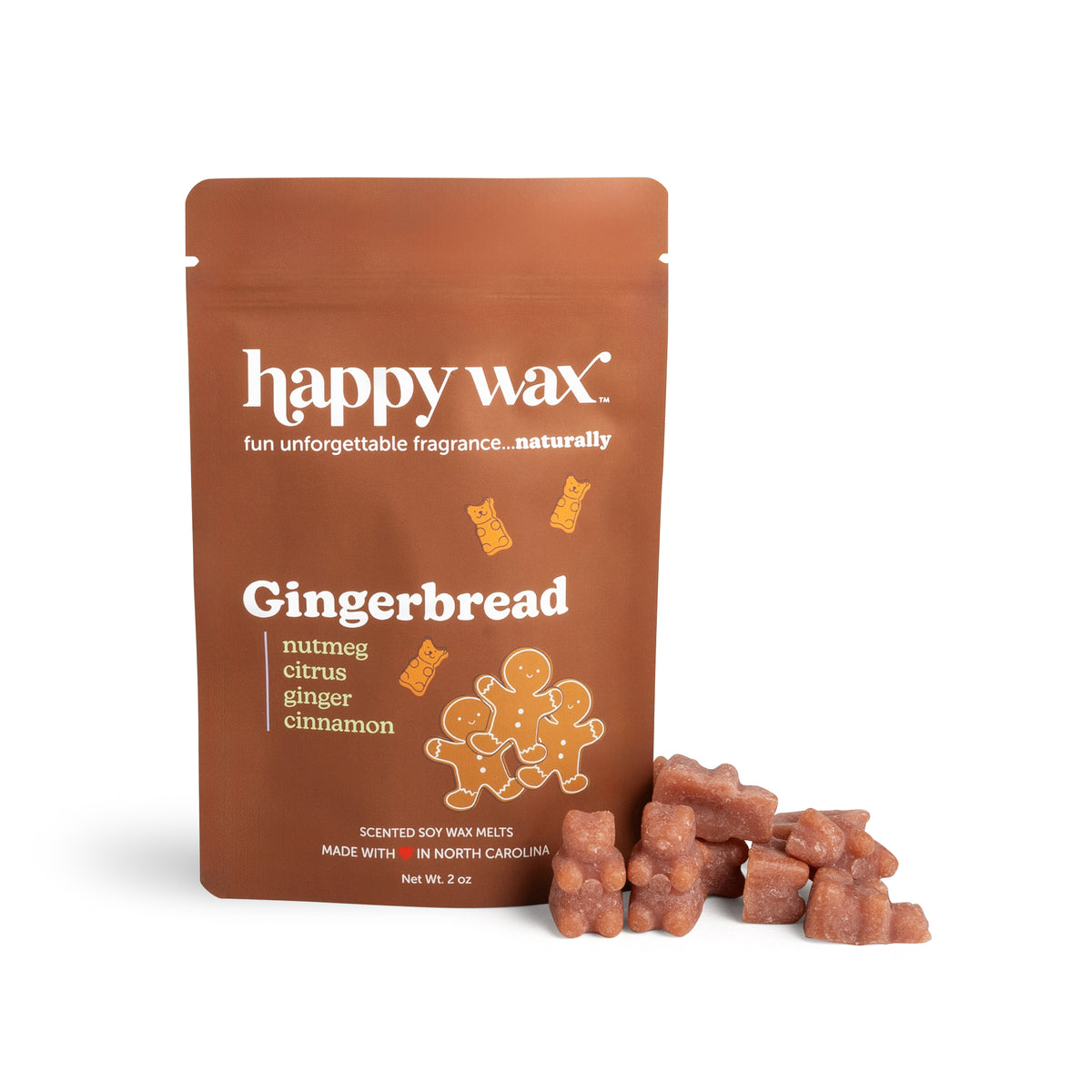 Brown Happy Wax pouch labeled Gingerbread with scattered terracotta-colored wax melts beside it.