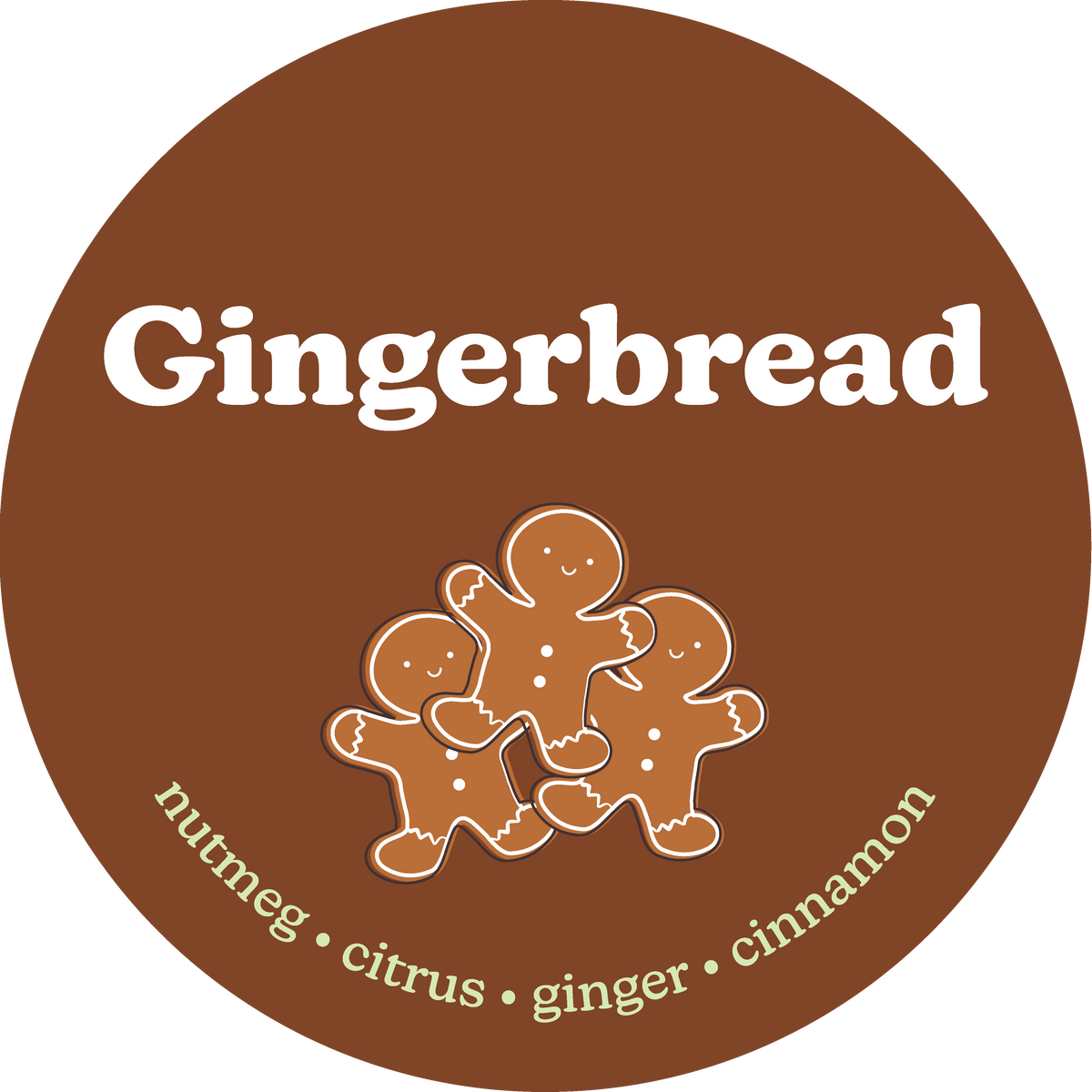 Brown circular label with white "Gingerbread" text and three gingerbread cookie illustrations with white icing details.