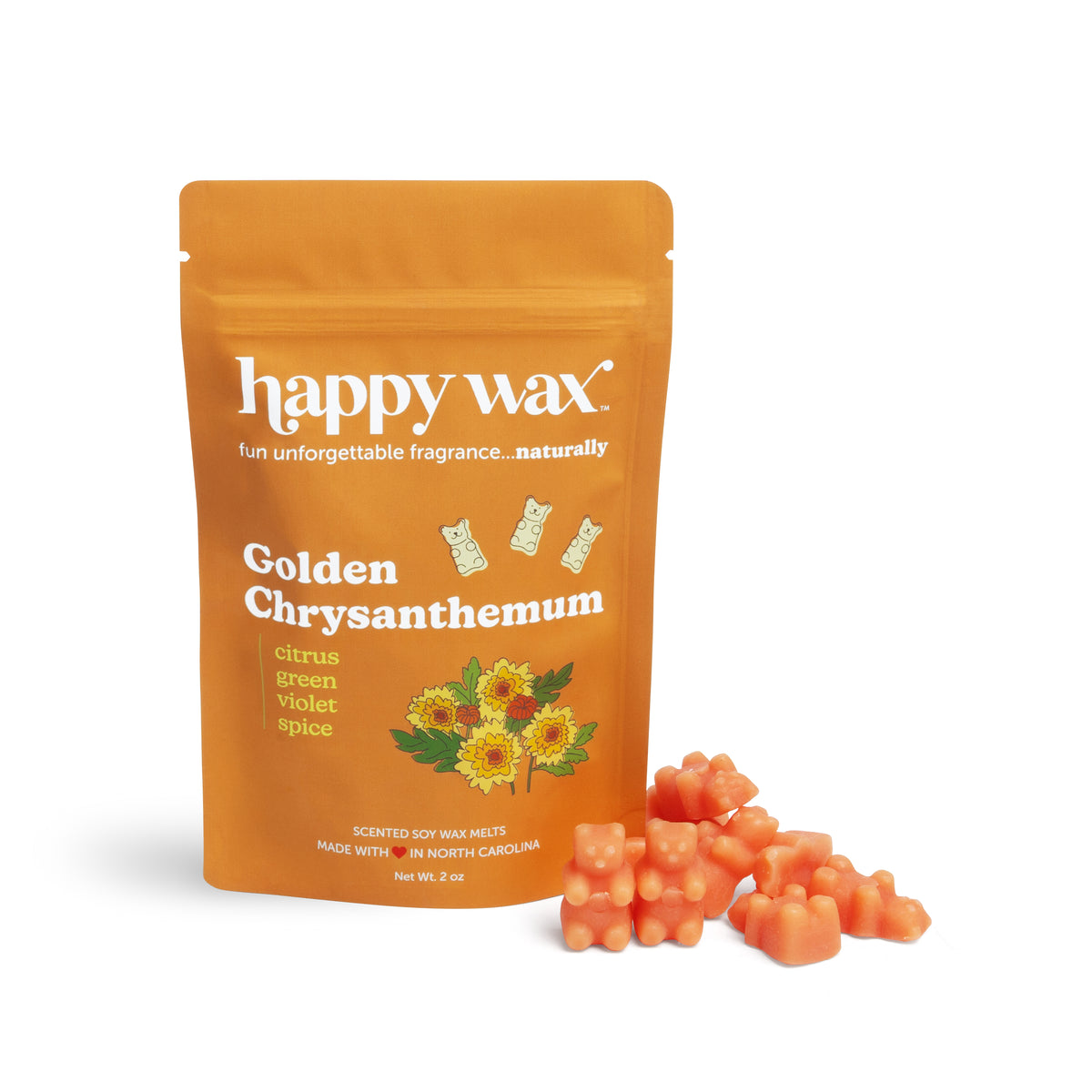 Orange pouch of Happy Wax Golden Chrysanthemum scented soy wax melts with coral-colored wax pieces displayed beside it.