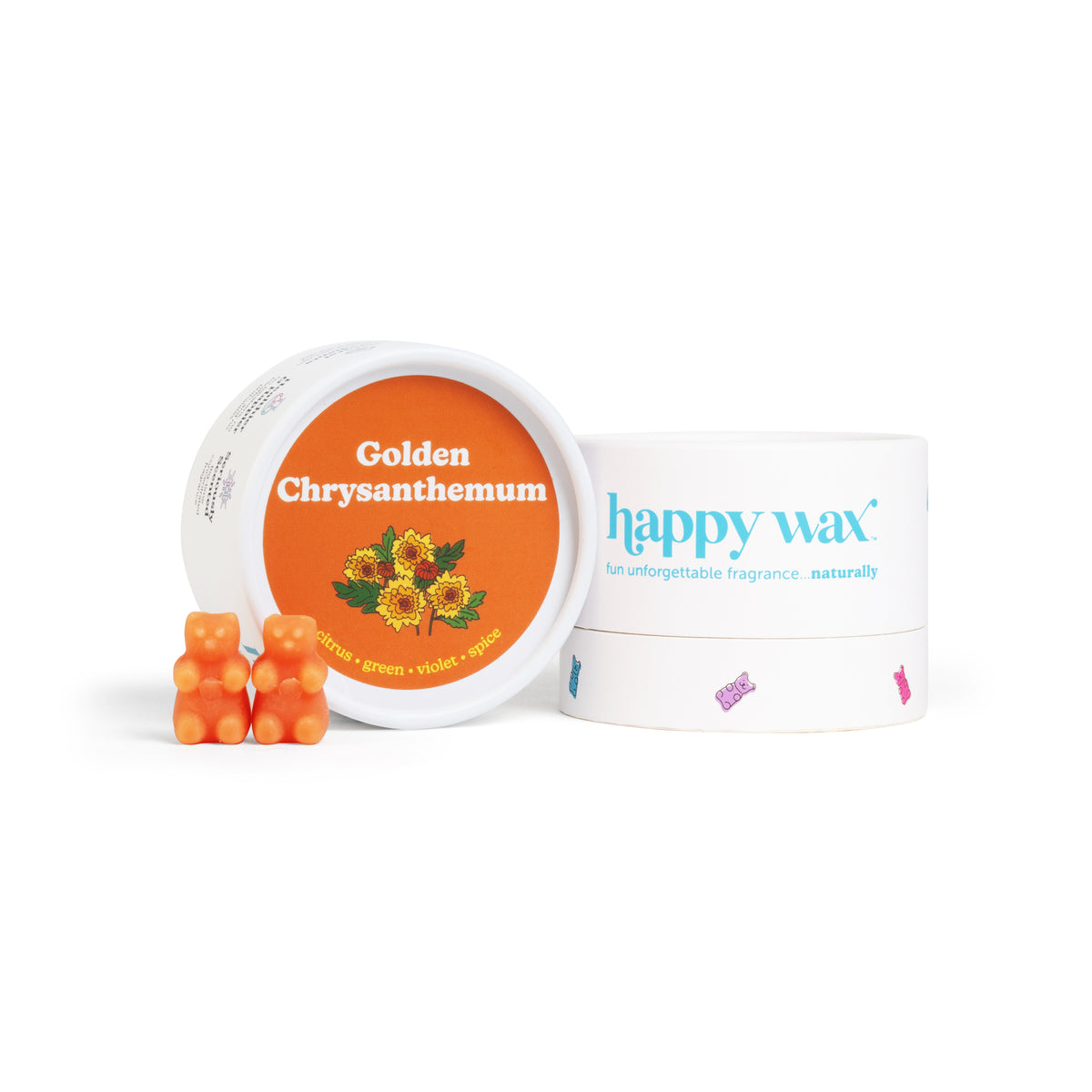 White container with orange lid labeled "Golden Chrysanthemum" next to happy wax branded box with orange bear-shaped wax melt