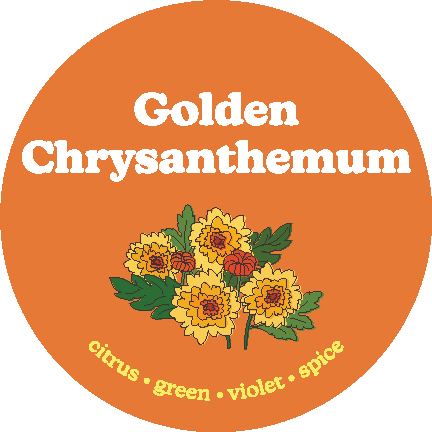 Round orange label with white text reading "Golden Chrysanthemum" and illustrated yellow flowers with green leaves and red ce
