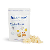 White pouch of Happy Wax Golden Citrus scented soy wax melts with citrus and pet illustrations, displayed with cream-colored 